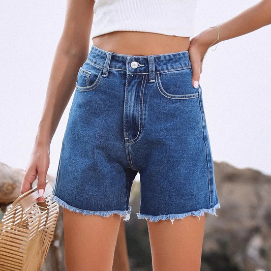 Blair â Short en Jean Femme Style Français, Uni avec Ourlet EffilochĂ©