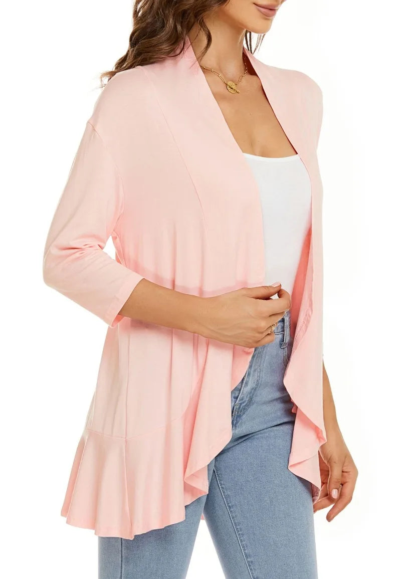 Léa Ruffle – Cardigan Décontracté à Volants & Manches 3/4