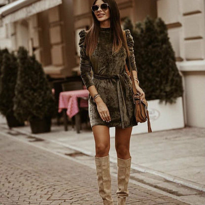 Gold Velvet Dress with Puff Sleeves