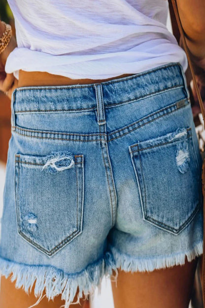 Tracy – Short en Jean Taille Haute Délavé avec Franges et Effet Déchiré