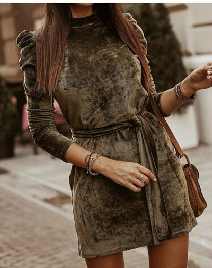 Gold Velvet Dress with Puff Sleeves