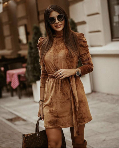 Gold Velvet Dress with Puff Sleeves