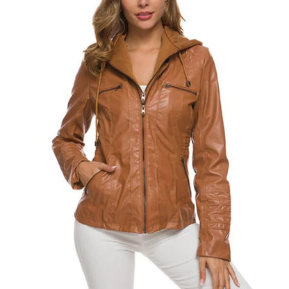 Veste Simili Cuir Capuche Femme